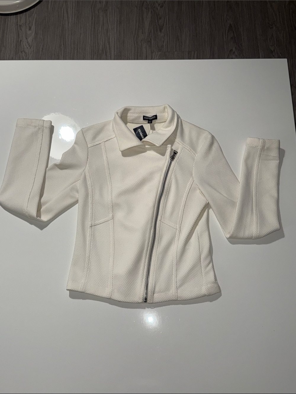 Express Cream Asymmetrical Zip Knit Blazer